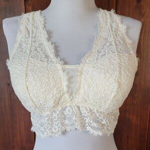 Aerie Eyelash Lace Padded Plunge Bralette Women L Soft Muslin Racerback Converts